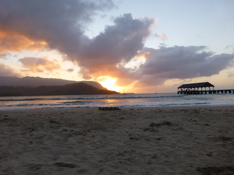 nature, land, beach, sky, water, built structure, tranquility, kauai, sunset, setting sun, scenics - nature, beauty in nature, outdoors, bali hai, hanalei