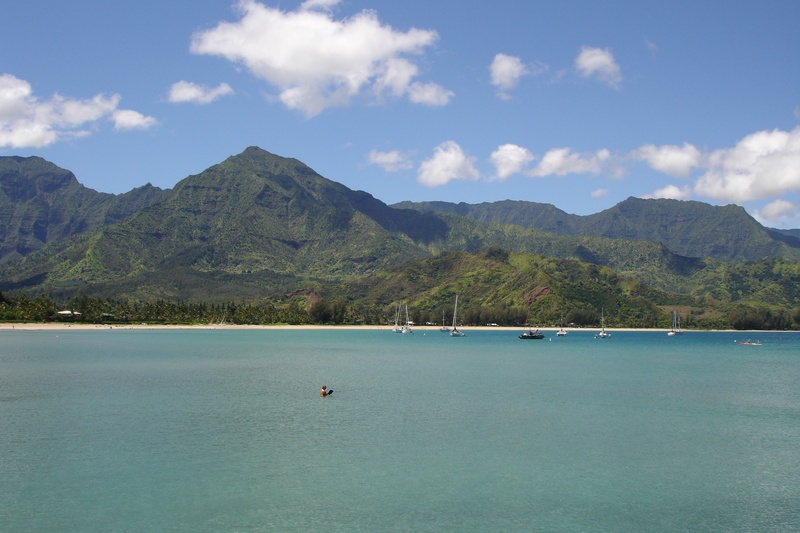 scenic, boat, body, mode of transportation, tranquility, no people, hanalei, water, mountain, sky, sailboat, beauty in nature, yacht, transportation, ocean