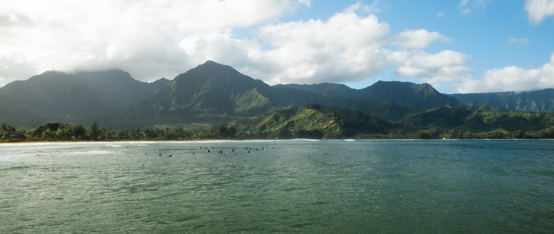 no people, cloud - sky, beach, hanalei, panoramic, travel, jungle, sea, surfing, hanalei beach, nature, kauai, 4K, tree, day, surfer, outdoors, sky, mountain range