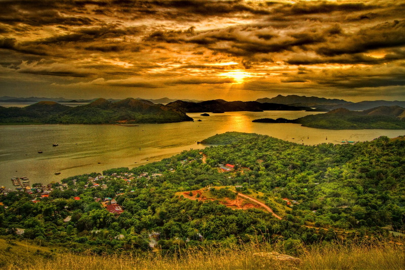 1080P, calm, water, clouds, coastal, peaceful, sunset, ocean, town, sunrise, colorful, mirrored, village, shore