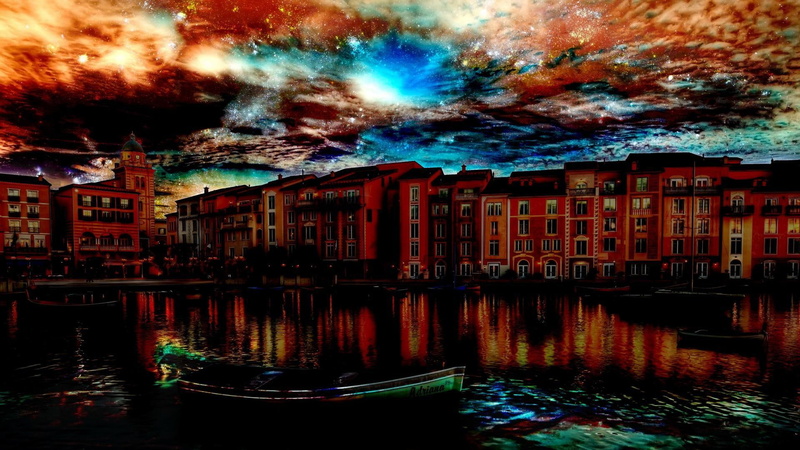 sky, 1080P, town, fantastic, 3d and abstract, boat, coastal, fantasy, coast