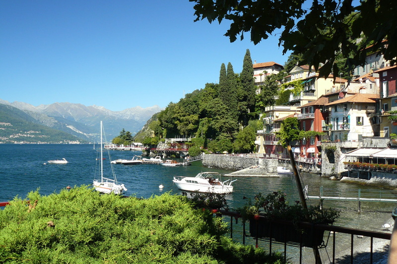 plant, built structure, city, transportation, building, building exterior, water, italy, yacht, tree, clear sky, mountain, varenna, 2K, mode of transportation