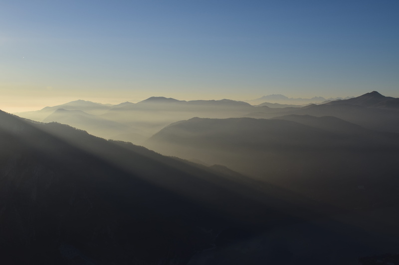 blue, fog, cloud, sunrise - Dawn, ray, dei, scenics - nature, sky, landscape, view, mountain Range, hill, no people, beauty In Nature, tranquility, gray