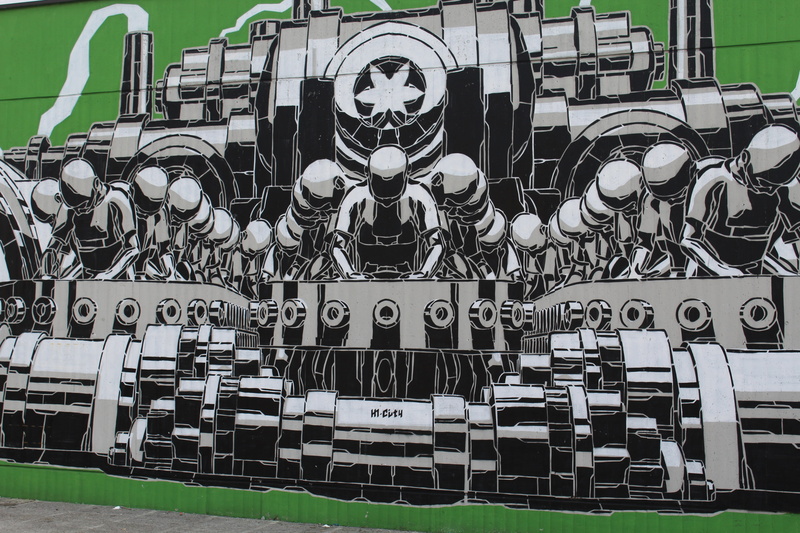 murals, outdoors, 5K, factory, street art, technology, bone, large group of objects, machinery, mode of transportation, skeleton, spooky, lecco, alienation