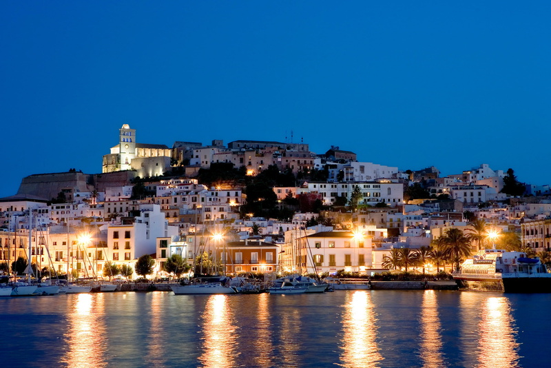 cities, spain, houses, coast, balearic, ibiza, night, reflection, 2K, islands