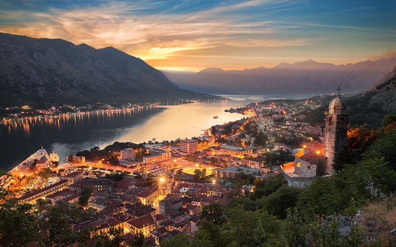 church, sunset, sun rays, clouds, mountains, evening, sky, lake, cityscape, Kotor (town), 1080P, landscape, nature, architecture, Montenegro, mist