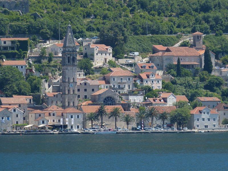 sea, church, summer, building, outdoors, village, concrete, bay of kotor, townscape, nautical vessel, house, italy, residential district, tree, mediterranean