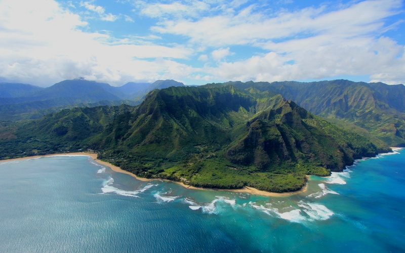 beach, sea, island, 1080P, Kauai, mountains, clouds, landscape, aerial view, nature