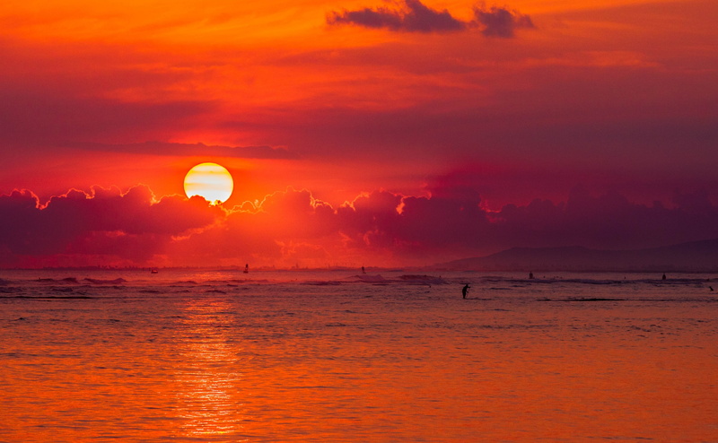 Islands, orange color, dramatic sky, nature, Sunset, water, Color, Hawaii, Travel, horizon, beauty in nature, scenics - nature, tranquil scene, land, horizon over water