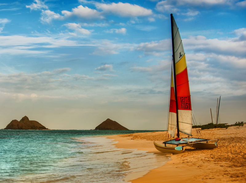 no people, cloud - sky, nautical vessel, sailboat, scenics - nature, non-urban scene, mode of transportation, Oahu, red, 4K, Beach, Hawaii, Islands, Boat