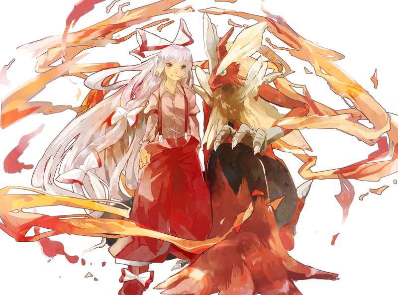 crossover, 2K, white, fire, hawai tari, hair, touhou, fujiwara, brown, bow, mokou, pokemon, long, blaziken, eyes