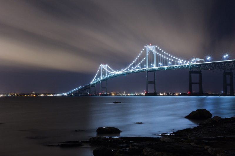bridge, lights, time, bay, travel destinations, transportation, suspension bridge, ri, blue, outdoors, cityscape, engineering, sky, bridge - man made structure