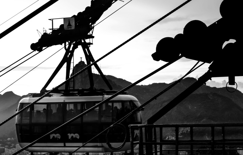contrast, technology, black and white, transport, brazil, cristo redentor, rio de janeiro, cable, outdoors, one person, christ redeemer, building exterior