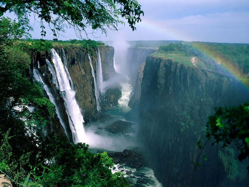 Green, Earth, Waterfalls, Cliff, Forest, 720P, Waterfall, Tree, Rainbow, Victoria Falls