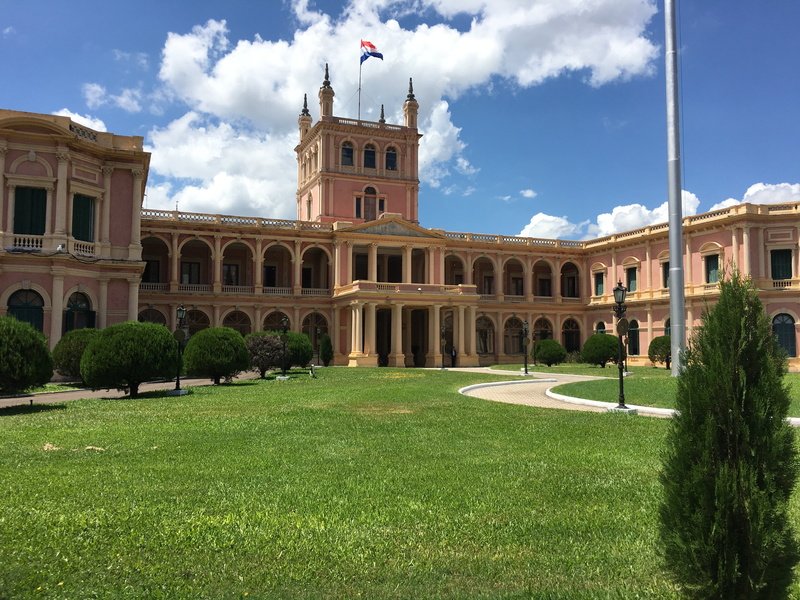 cloud - sky, government, built structure, plant, painted, day, building exterior, brown, flag, patriotism, tree, paraguay, presidential palace, nature