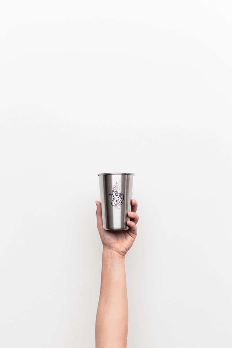 unrecognizable person, adult, indoors, steel, metal, stainless, one person, hand, 8K, stainless steel, drinking, arm, studio shot, gray, glass, food and drink