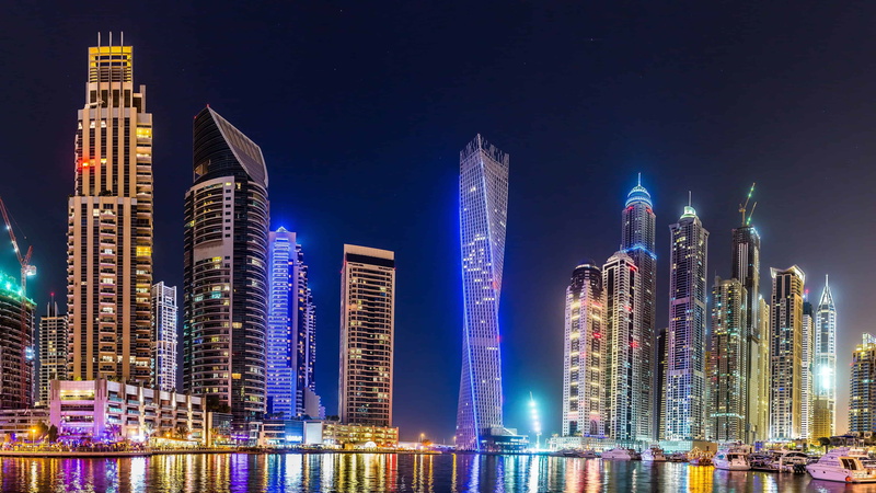 metropolis, development, 4K, dubai marina, illuminated, uae, marina, building exterior, skyscraper, night, modern, built structure, downtown, tall - high