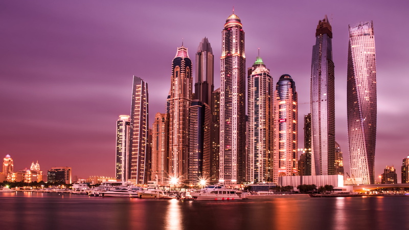 united arab emirates, towers, dubai, skyscraper, tower block, marina, metropolis, 4K, uae, metropolitan area, evening, buildings, cityscape, skyline, purple cityscape