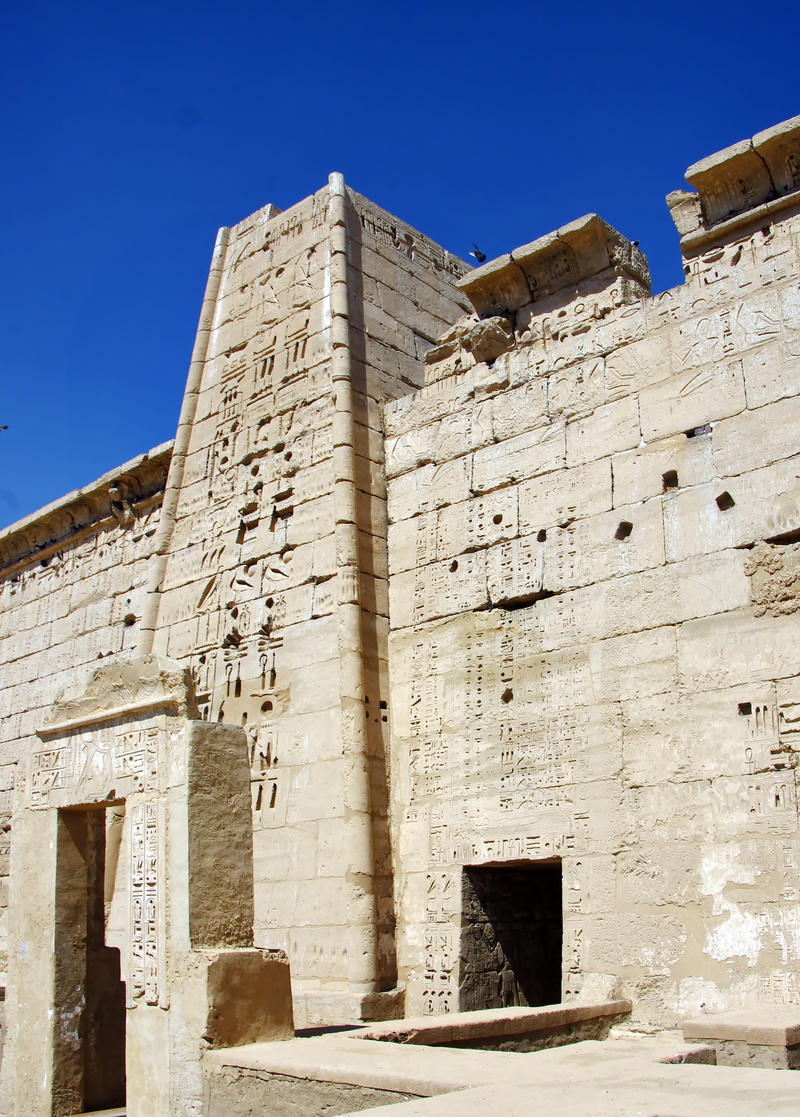 ruined, archaeology, ancient civilization, luxor, blue, stone wall, tourism, medinet habu, travel, antique, old building, old ruin, egypt, travel destinations