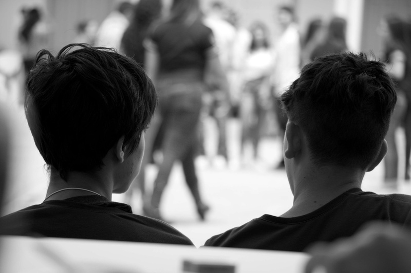 focus on foreground, rear view, portrait, group of people, school, talk conversation school people blackwhite, childhood, males, men, child, student, learning