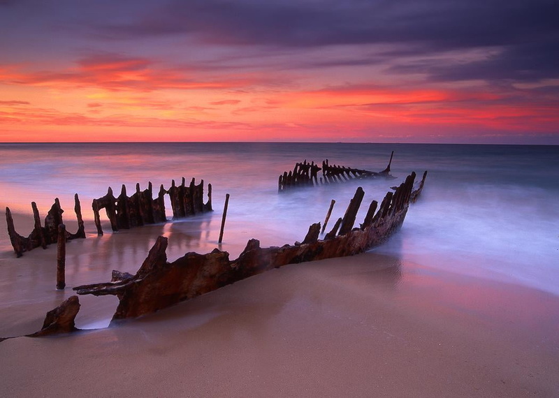 sunshine coast, Caloundra, Australia, beach, dusk, ocean, water, ngc, sky, Dicky Beach, Wreck  beach, coastline, sand, landscape, sunset, sea, glow, ship