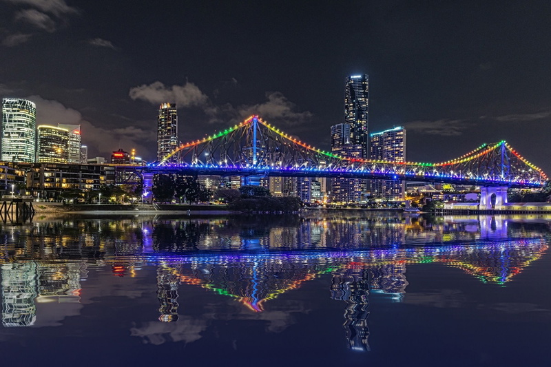 lights, Australia, 1080P, skyscrapers, backlight, Brisbane, reflection, Story-bridge, QLD, river, megapolis, night
