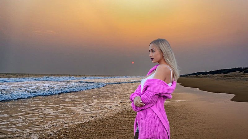 blonde, curvy, 1080P, sunset, pink sweater, long hair, women, Oceanfront