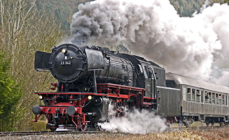 steam train, retro styled, moving, exit, steam locomotive, eifel, tradition, outdoors, full steam, railroad track, covered, transportation, emitting, plan steam