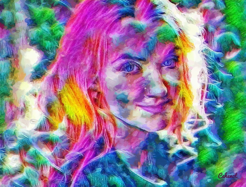 art, human face, women, hair, pink, yellow, cehenot, looking at camera, creativity, harry potter, headshot, portrait, Evanna Lynch, luna lovegood, multi colored