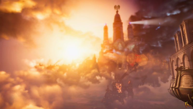 clouds, building exterior, Columbia, Bioshock, spirituality, sky, 2K, group of people, travel, sunrise, landscape, Photoshop, travel destinations, BioShock Infinite