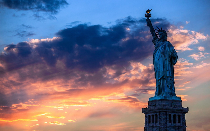 statue, 1080P, statue of liberty, sunset, clouds, sky, liberty