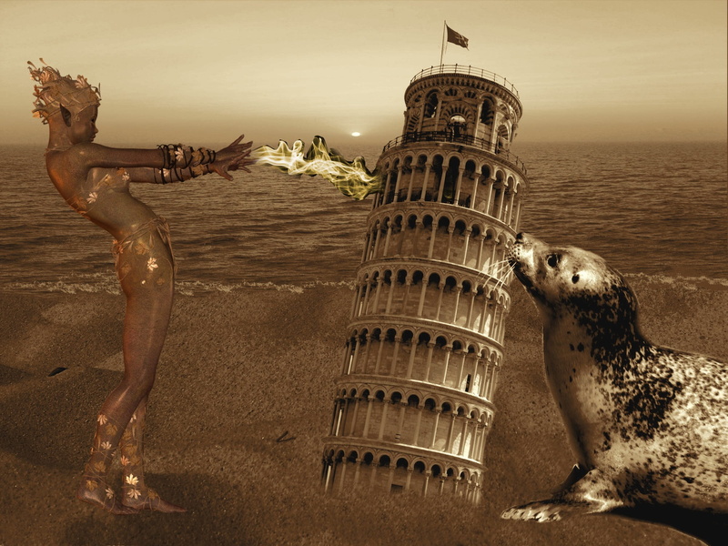 building, woman, sculpture, outdoors, Leaning Tower Of Pisa, built structure, representation, beach, travel destinations, sky, animal themes, statue, 1080P