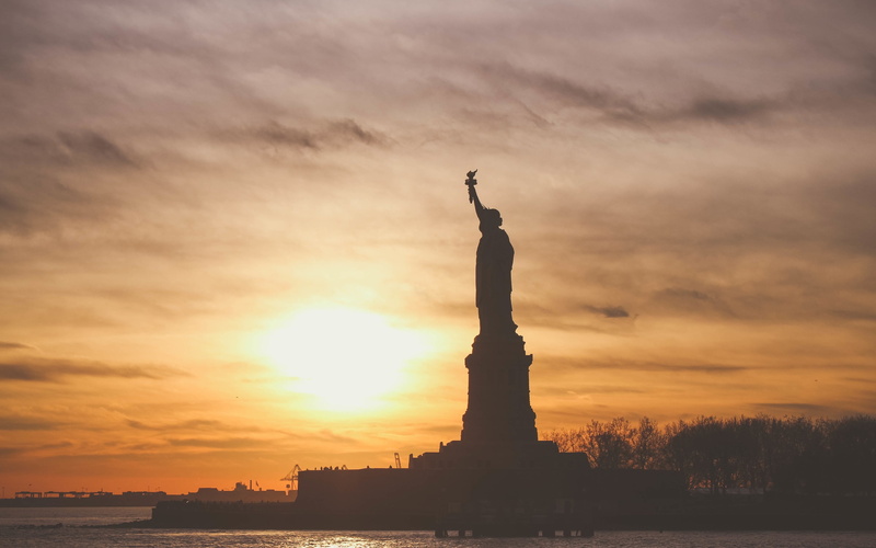 Sunset, Sea, 2K, American, Statue, Liberty