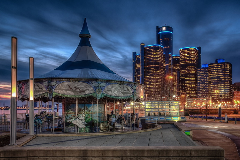 night, detroit, docks, monorail, 1080P, cities, ford, buildings, city, stores, offices, michigan, usa, bridges, downtown, oakland, jet, chrysler, art