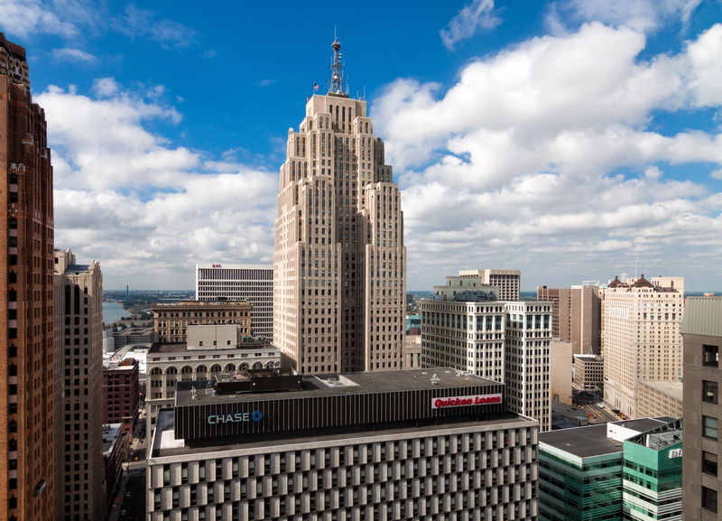 chrysler, stores, city, buildings, downtown, oakland, art, offices, night, 4K, storehouses, detroit, jet, docks, cities, ford, monorail, usa, bridges