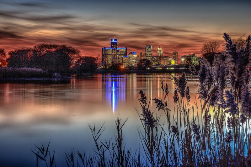chrysler, bridges, art, oakland, monorail, 1080P, buildings, storehouses, jet, downtown, night, offices, port, michigan, stores, detroit, city, docks