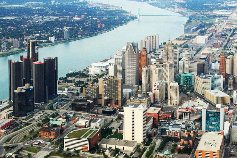 city, chrysler, usa, bridges, buildings, oakland, towers, detroit, storehouses, jet, port, ford, michigan, night, 720P, stores, docks, downtown, offices