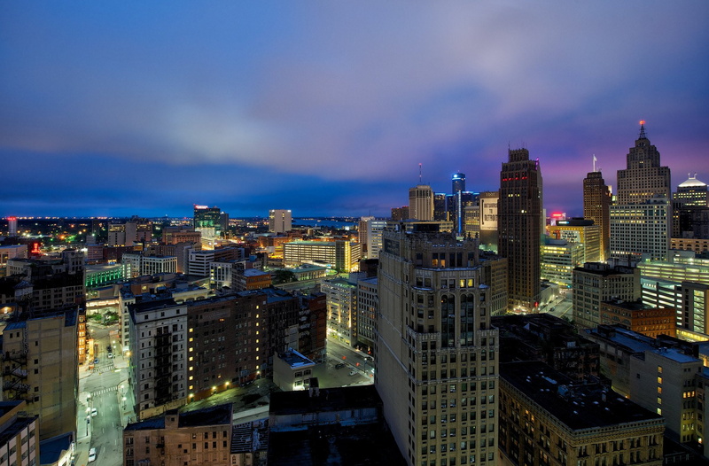 storehouses, offices, towers, bridges, night, monorail, 1080P, stores, oakland, buildings, cities, michigan, city, chrysler, ford, port, detroit, jet