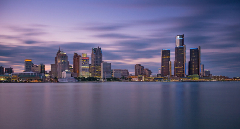 buildings, oakland, jet, detroit, art, usa, port, chrysler, stores, storehouses, ford, night, offices, towers, docks, monorail, architecture, bridges, cities