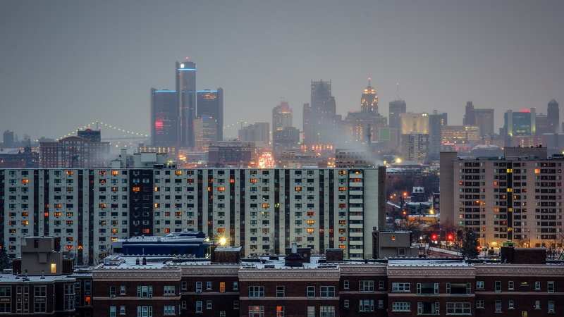 michigan, storehouses, night, detroit, bridges, architecture, port, 1080P, downtown, towers, ford, docks, cities, jet, art, oakland, stores, monorail