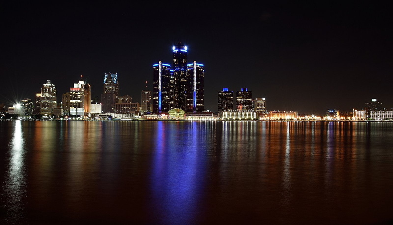 towers, port, night, monorail, usa, offices, chrysler, detroit, ford, oakland, city, art, buildings, storehouses, architecture, 720P, docks, cities, bridges