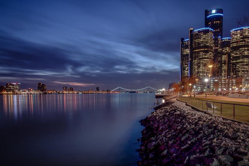 docks, usa, city, downtown, ford, cities, architecture, michigan, art, jet, night, buildings, detroit, bridges, chrysler, 1080P, monorail, storehouses