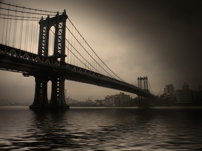 monochrome, 1080P, city, Manhattan Bridge, bridge, river