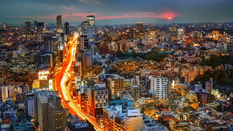 Buildings, Lights, Sunset, Japan, Road, City, Tokyo, 2K