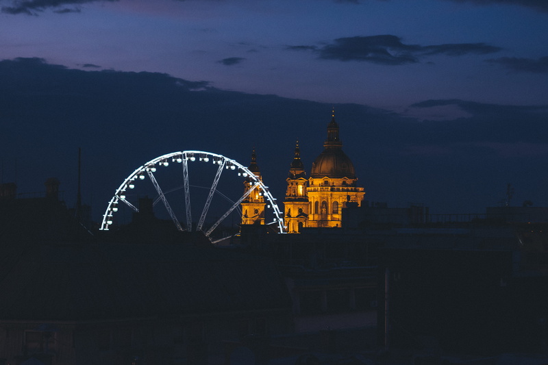 europe, wheel, hungary, blue hour, built structure, ferris, religion, building exterior, night, machine, building, sky, place of worship, summer, nature