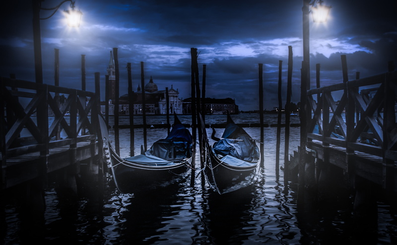bridge - man made structure, outdoors, Venice, canoes, transportation, built structure, dusk, Photoshop, waterfront, gondolas, nature, post, Europe, gray
