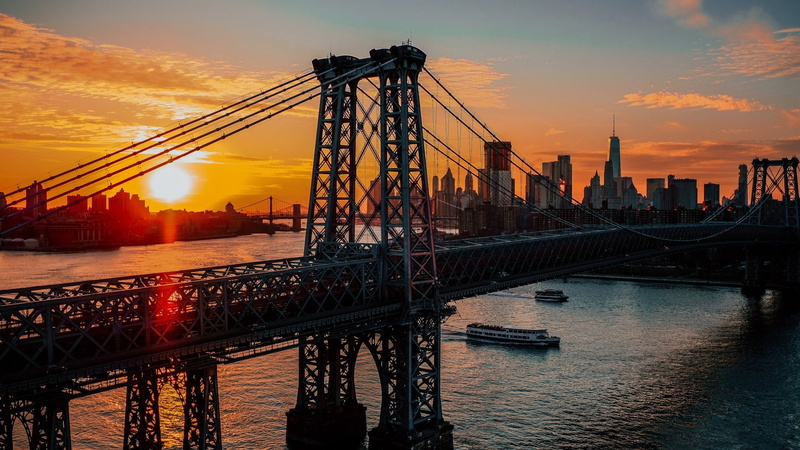 dom Tower, bridge, twilight, East River, USA, sunset, city, New York, New York City, United States of America, 1080P, One World Trade Center, architecture