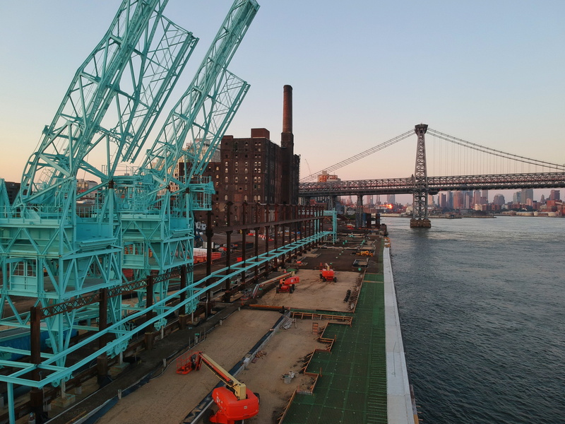 nyc, outdoors, connection, city, board wallk, industry, day, east river, ny, engineering, reflection, construction, new york, williamsburg bridge, built structure