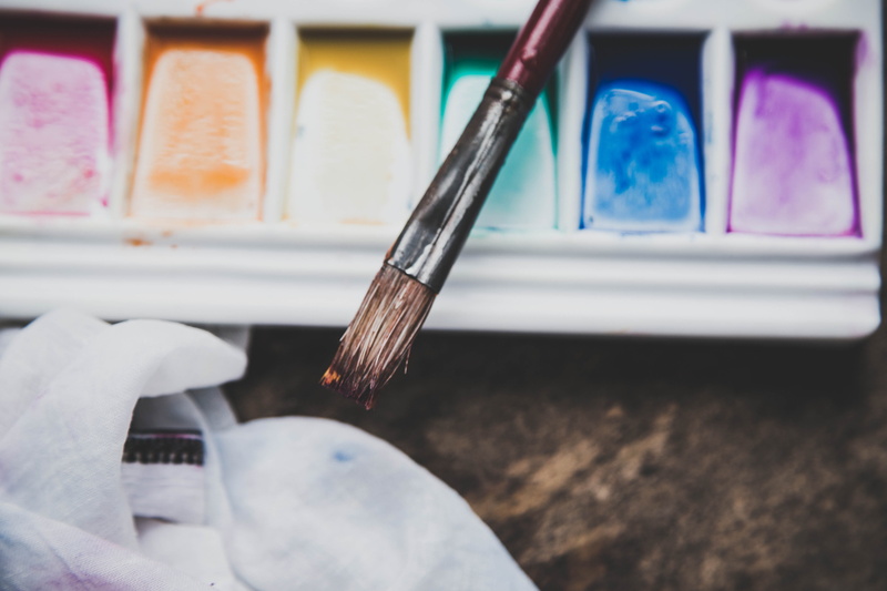 focus on foreground, palette, still life, creativity, craft, vintage, no people, brush, table, retro, emotions, focus, bright, colour, watercolor paints