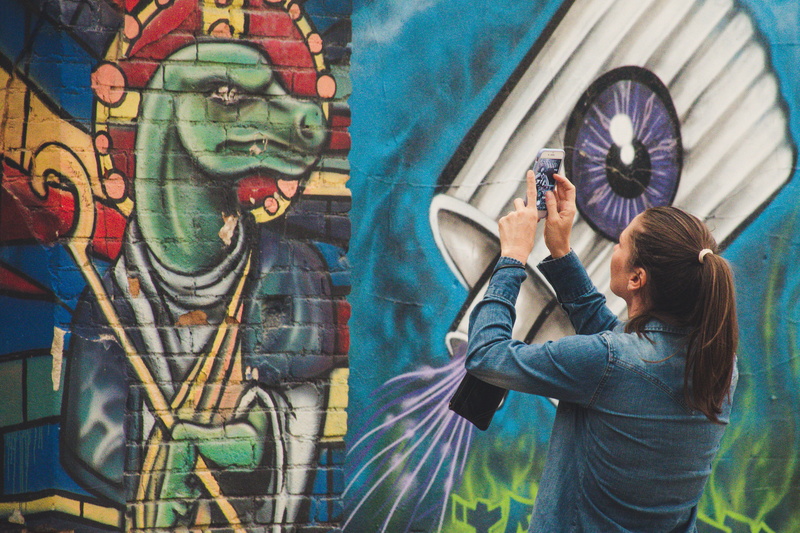 capture, taking, lifestyles, paintings, wall, photo, design, leisure activity, girl, mural, colourful, photographing, vandalism, graffiti, casual clothing